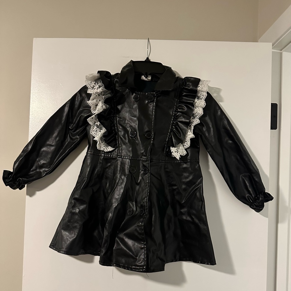 Girls Size 7/8 Black Faux Leather Pea Coat with Ruffle Details